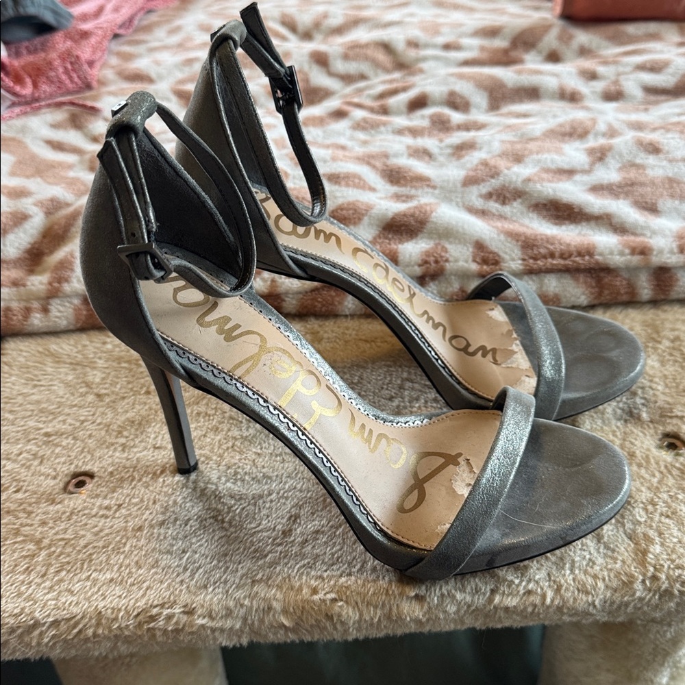 Sam Edelman Shimmery Silver Leather Ariella Ankle Strap Heels